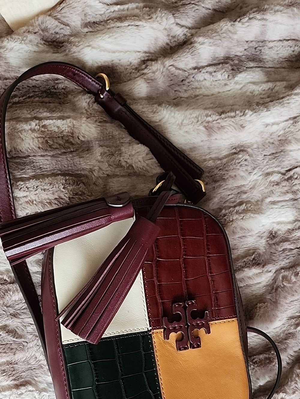 Tory Burch Patchwork Leather Crossbody in Burgundy, Green, Cream & Tan
